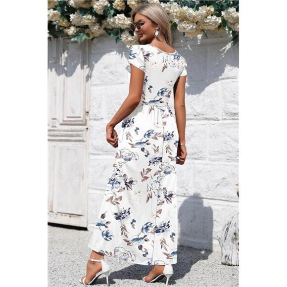 Women's Square Neck Maxi Dresses Petal Short Sleeve Casual Long Dress Pokets - Picture 3 of 6